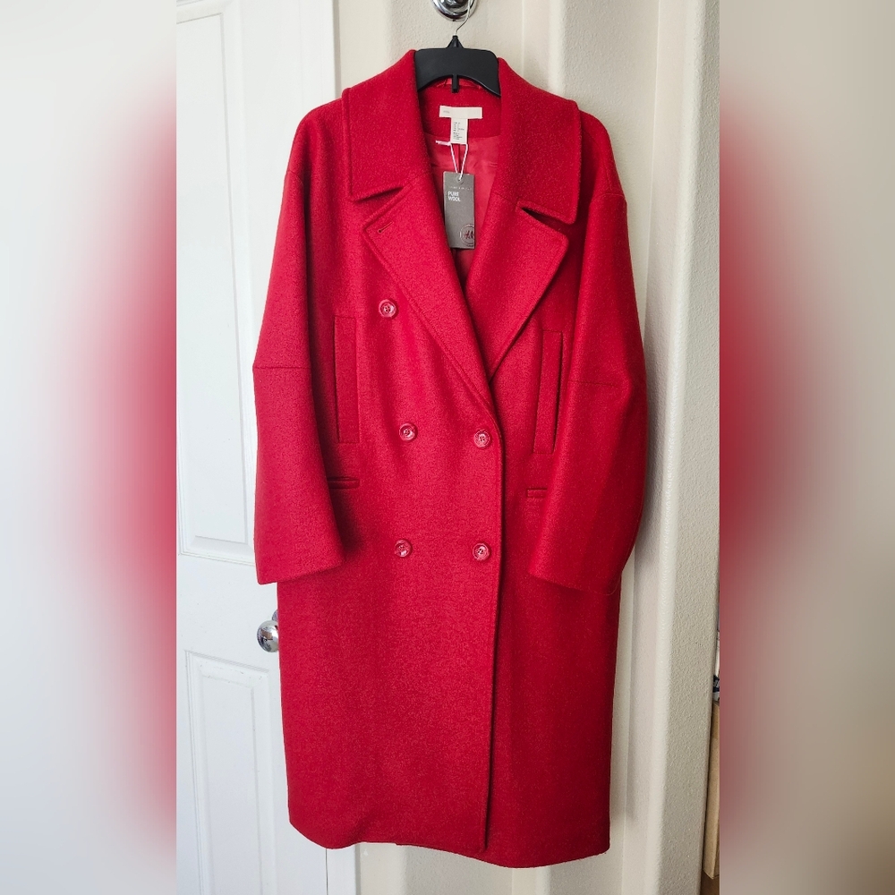 NWT H&M Premium Pure Wool Lapel Double-Breasted Long Coat Red Size 34